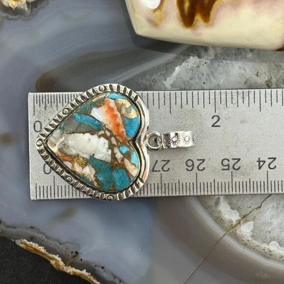 Sterling Southwestern Style Turquoise Spiny Oyster Heart Pendant For Women - Picture 10 of 10